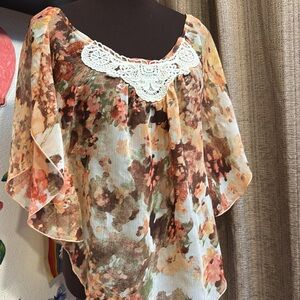 B-Wear peach cream and brown floral bat sleeve flutter asymmetrical top. Size S